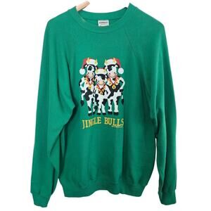 Vintage Christmas Cow Sweater Womens XL Green Funny Jingle Bulls Pullover 80s